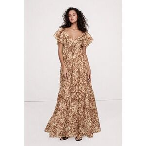 Banana Republic Linen-Silk Tiered Maxi Dress Brown Abstract Flutter SleeveS $250